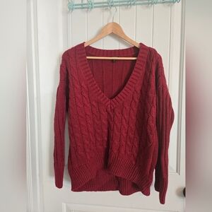 Express Deep Red Cable Knit V-Neck Sweater